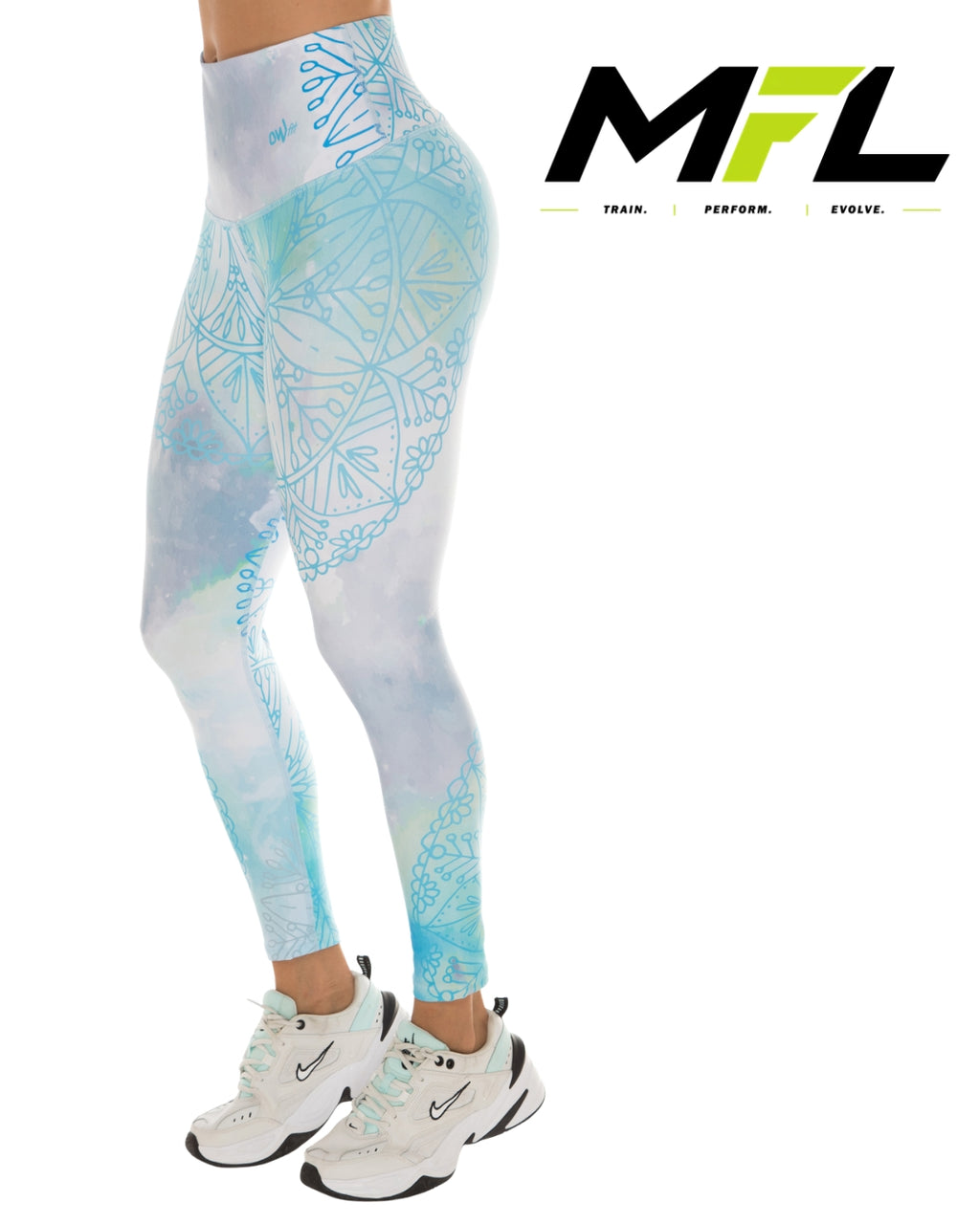 MyFitLab Arctic Serenity high-waisted compression leggings in white and aqua blue