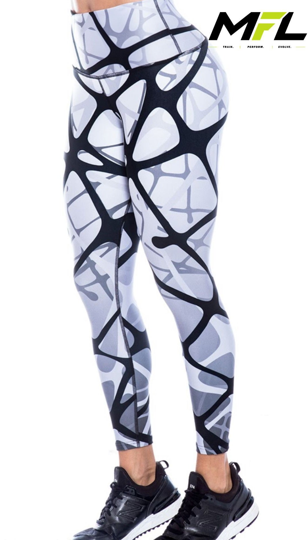 Side view of MyFitLab Arctic Veil high-waisted compression leggings with a black, gray and white abstract pattern.