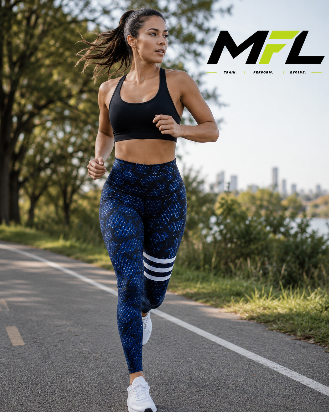 Woman wearing Blue Venom Leggings while going for a run