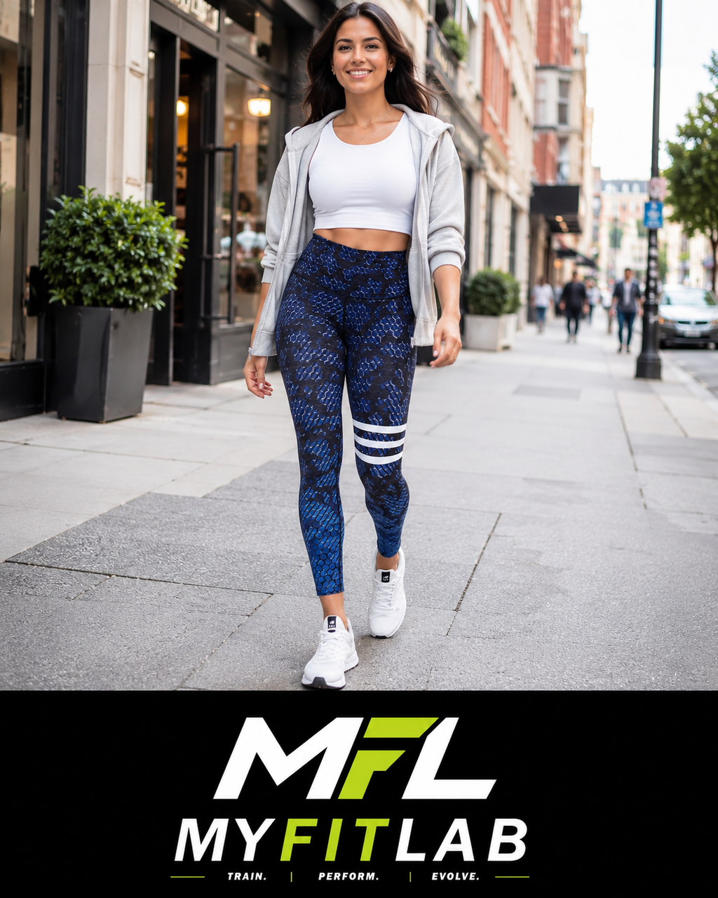 Woman walking in town wearing Blue Venom Leggings 