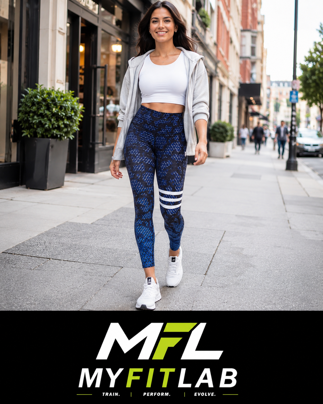 Woman walking in town wearing Blue Venom Leggings 
