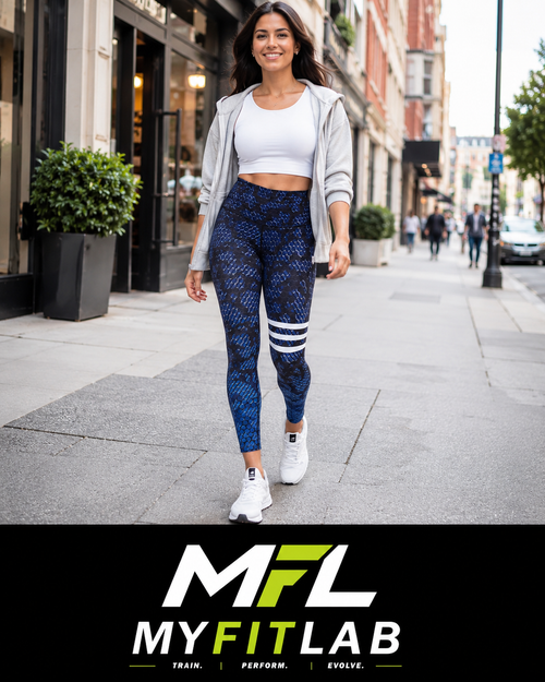 Woman walking in town wearing Blue Venom Leggings 