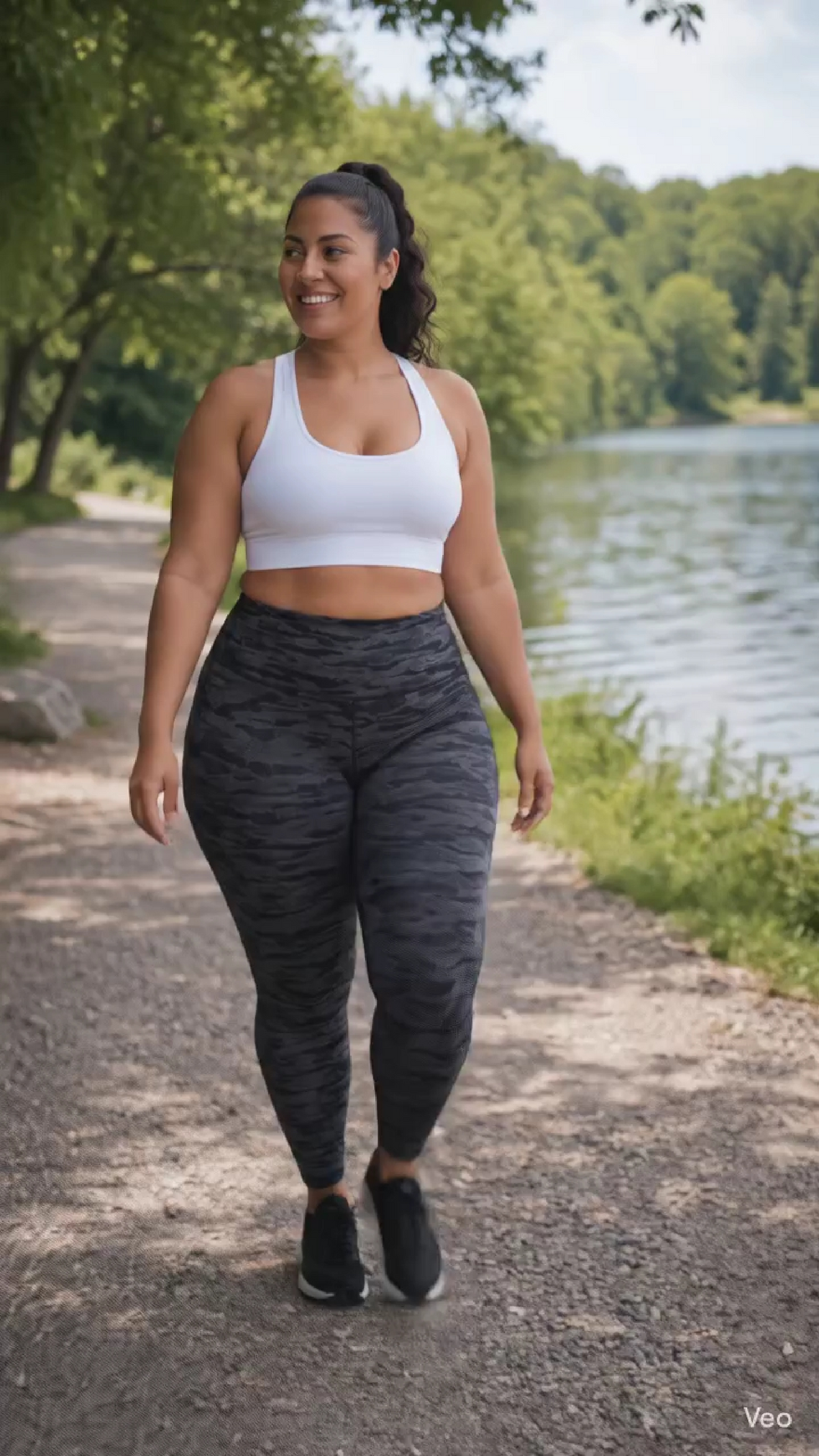 Woman wearing Carbon Core Leggings while walking on the path by the lake