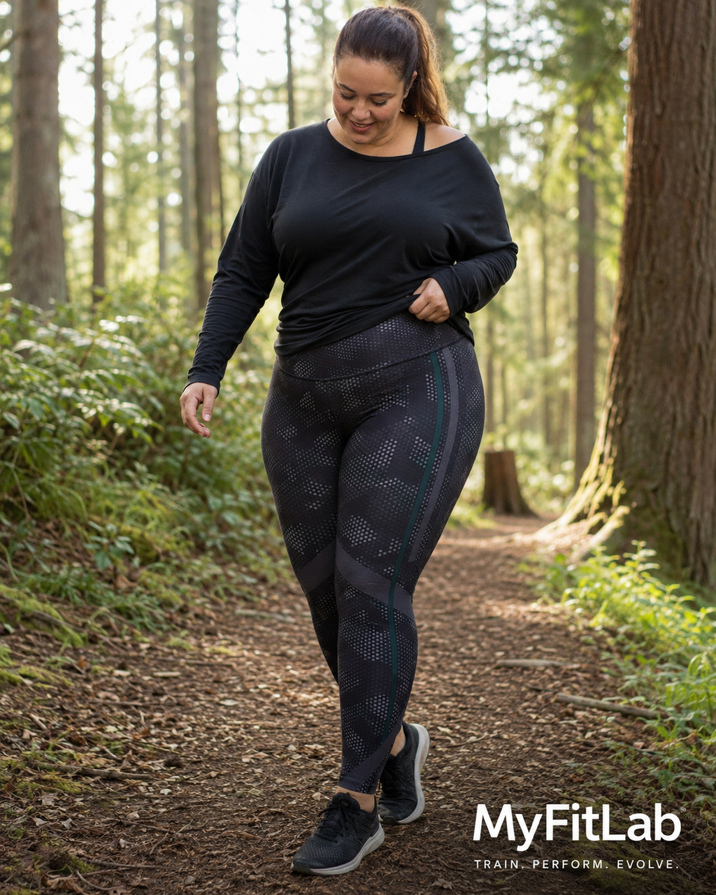 Woman wearing Carbon Edge Leggings while walking on the trail in forest 