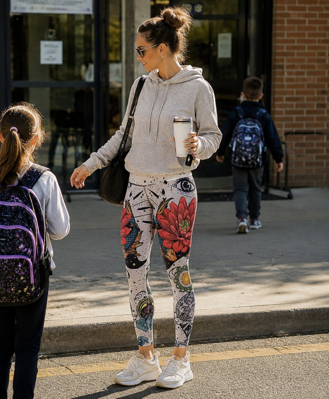 Woman wearing Celestial Bloom Leggings while dropping off kid at school 