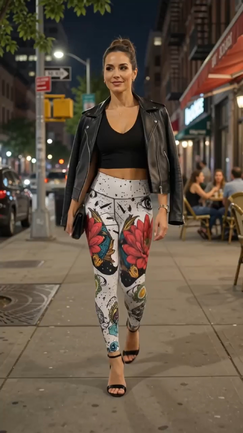Woman wearing Celestial Bloom Leggings dressed up for the night walking down the street 