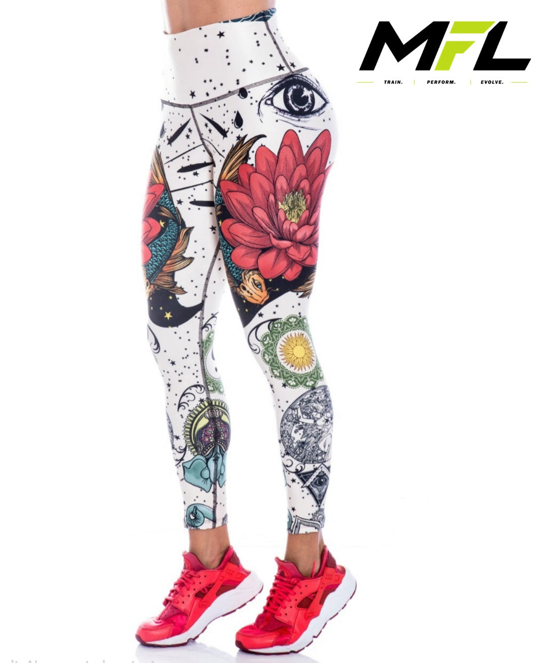 Woman wearing Celestial Bloom Leggings while posing sideways 