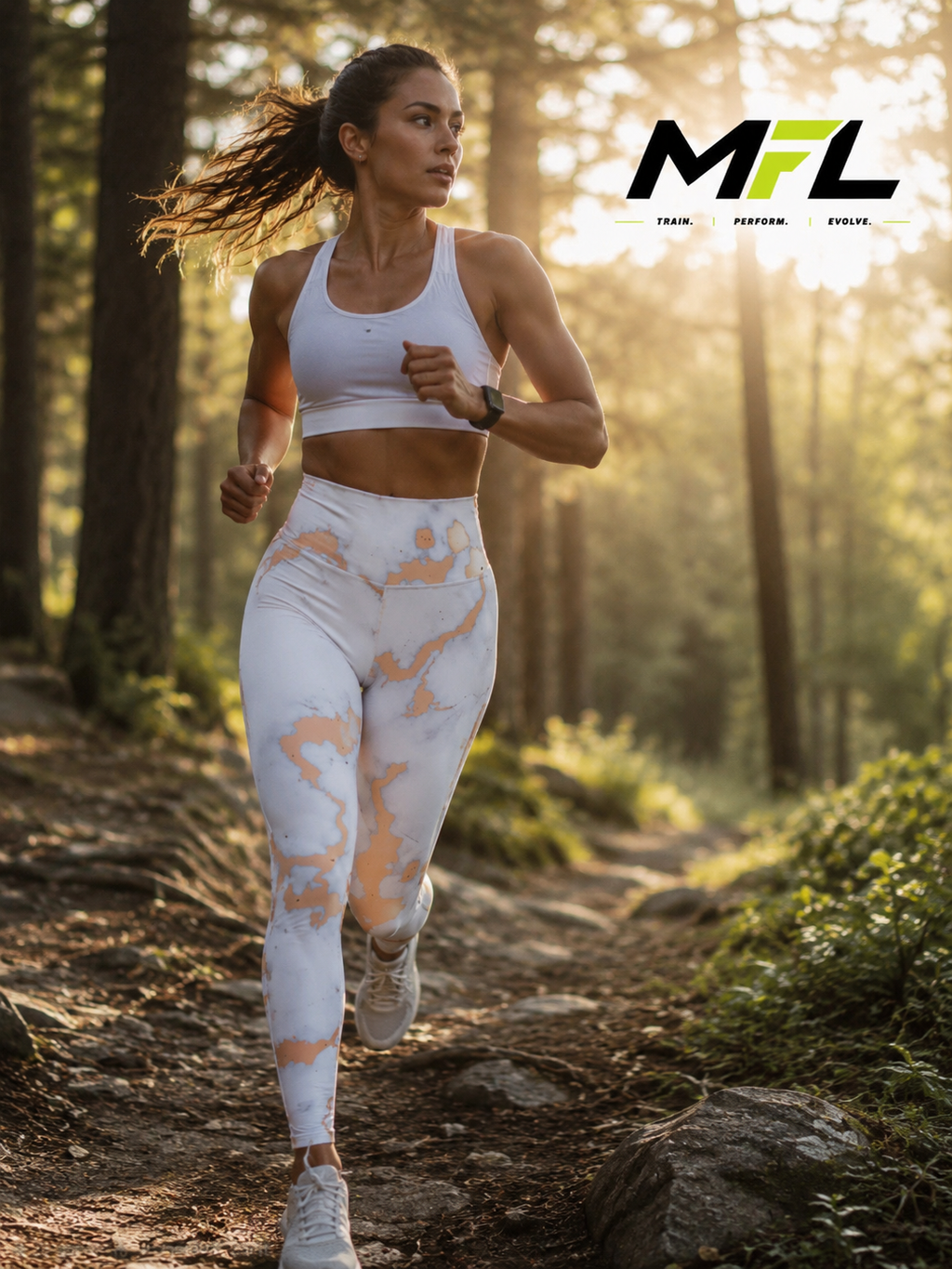 Woman wearing Desert Marble Leggings while running on the path