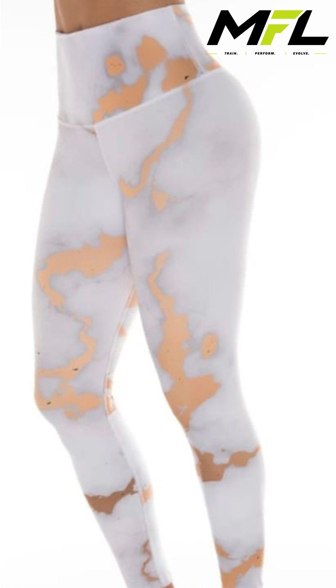 Woman wearing Desert Marble Leggings in while and gold color patterns side view
