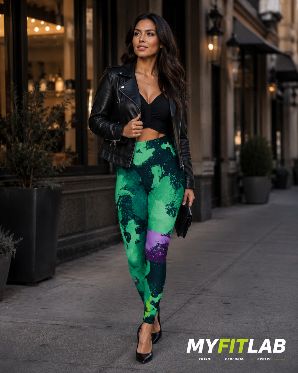 Woman wearing Emerald Pulse Leggings while dresses up for the night walking down the street 