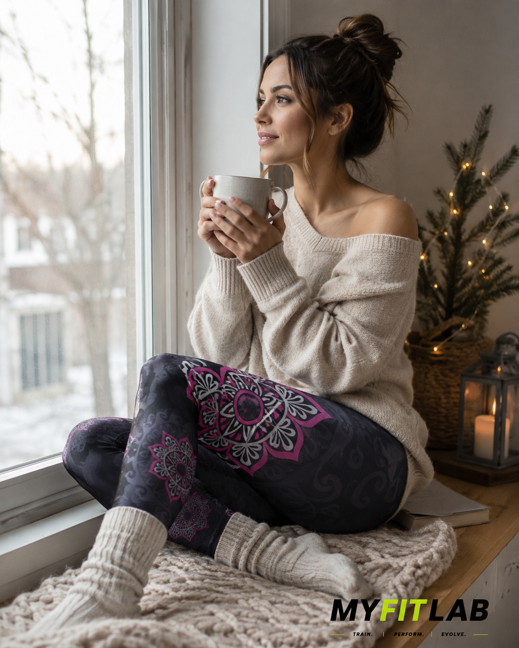 Woman wearing Lotus Harmony Leggings with beautiful colors of purple and gray while sipping her tea by the window