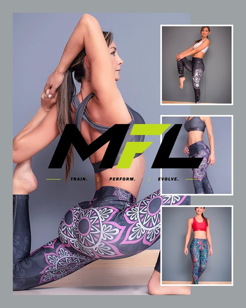 Woman wearing Lotus Harmony Leggings  while stretching showing off colors of purple and gray