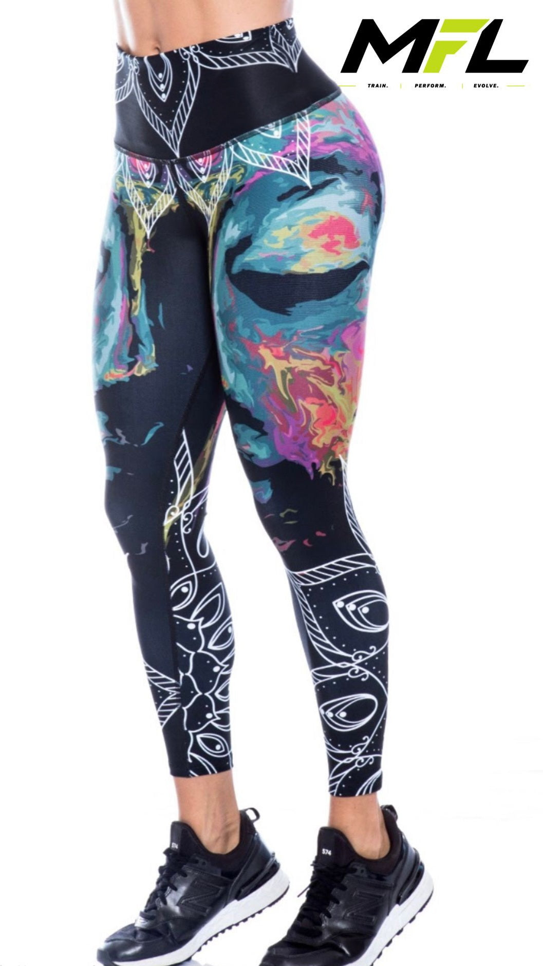 Woman wearing Mistic Spirit Leggings posing side ways with white background 