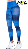 Woman wearing Ocean Hex Leggings with blue and black pattern side view