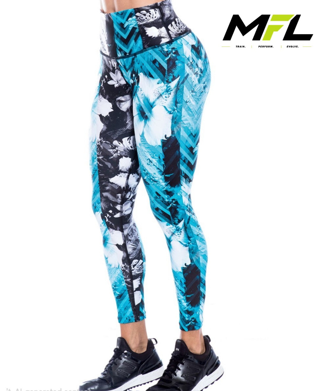 Woman wearing Ocean Rush Leggings with beautiful design of blue, white amd black posing sideways 