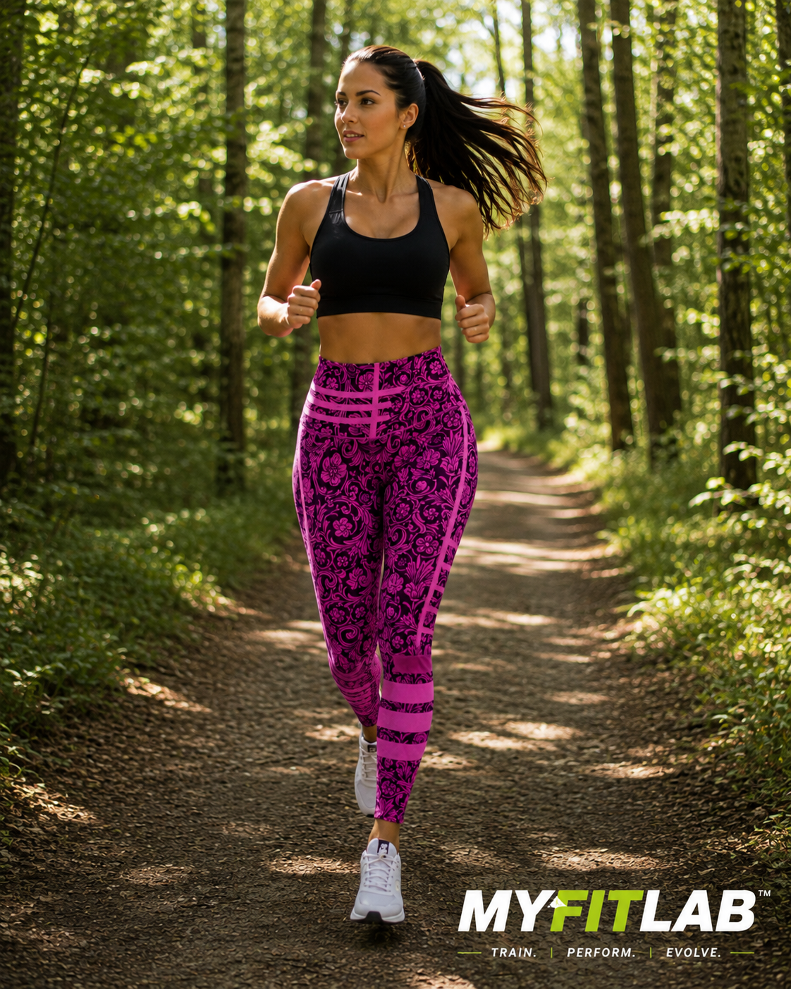 Woman wearing Pink Velocity Leggings while running on a trail