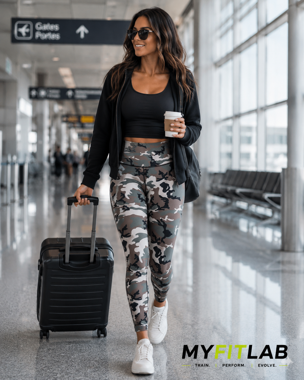 Women wearing Urban Camo Leggings while walking through the airport 